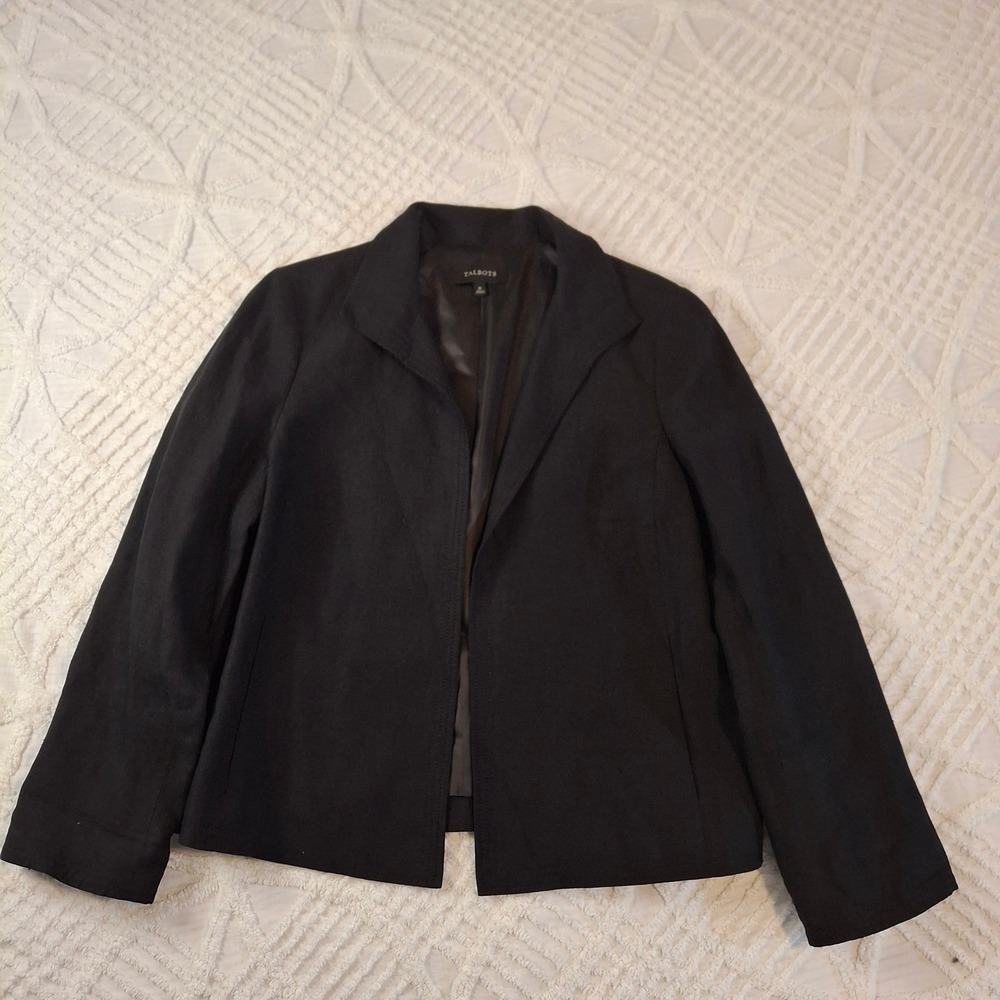 Talbots Women's Size 12 Black Linen Blazer Jacket Open Front Lined‎ Pockets